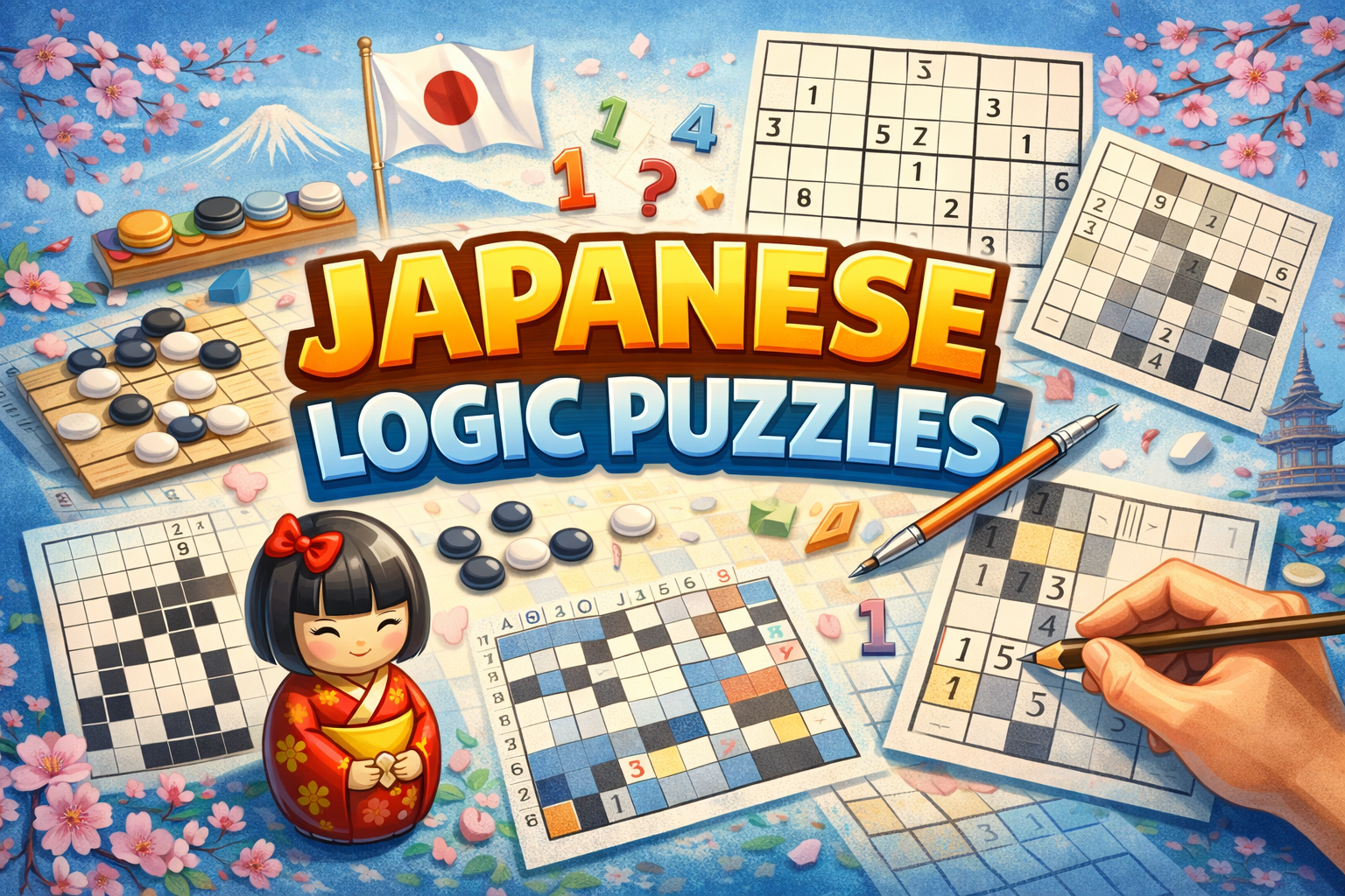 Japanese logic puzzles online — over 30 free Nikoli-style logic grid puzzles including Sudoku, Nonograms, Slitherlink, and more