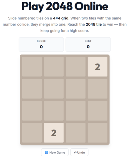 2048 sliding number puzzle played online — merge tiles to reach 2048