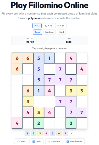 Fillomino polyomino puzzle played online — group cells into blocks matching their number