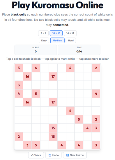 Kuromasu black cells puzzle played online — shade cells so numbered cells see the correct count of white cells