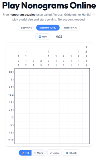 Nonograms picross puzzle played online — shade cells to reveal a hidden pixel-art picture