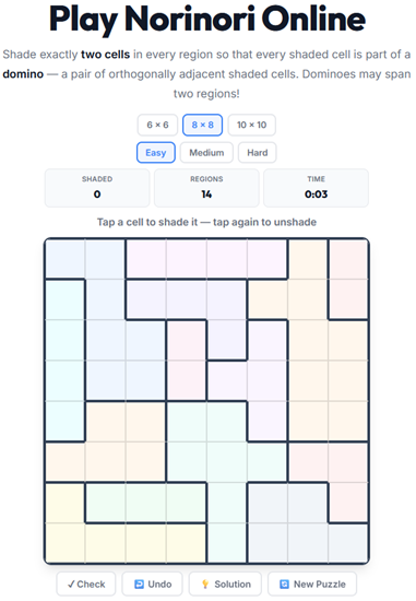 Norinori domino shading puzzle played online — shade exactly two cells per region forming dominoes