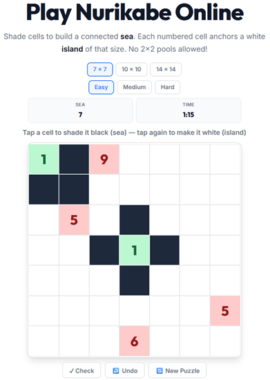 Nurikabe island puzzle played online — shade cells to form a connected sea around numbered islands