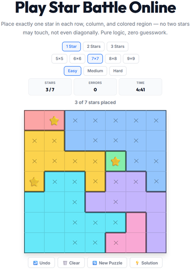 Star Battle placement puzzle played online — place stars so every row, column, and region has the right count