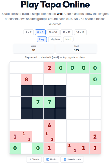 Tapa wall-building puzzle played online — shade cells to form a connected wall matching clue numbers
