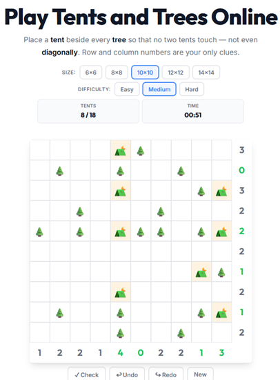 Tents and Trees puzzle played online — place tents next to trees using row and column clues