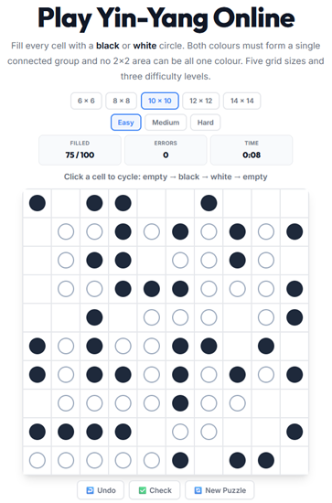 Yin-Yang black and white puzzle played online — color cells so each color forms one connected group