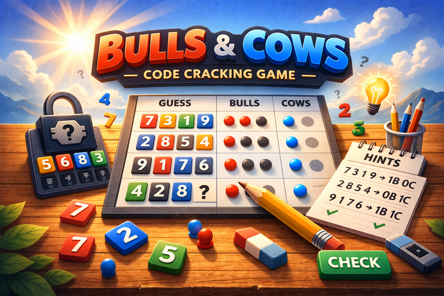 Bulls and Cows code-breaking puzzle game — crack the secret 4-digit code using logic and deduction