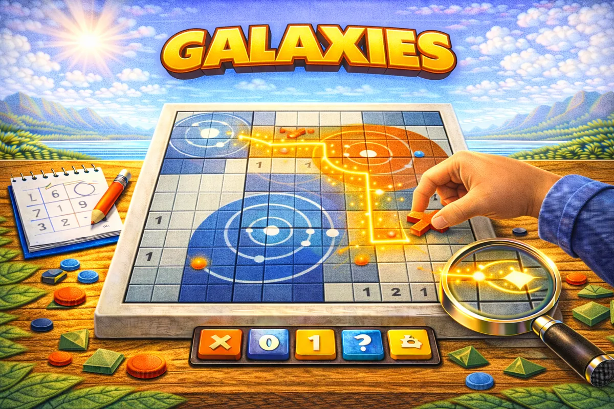 Galaxies logic puzzle — divide the grid into rotationally symmetric regions around galaxy centres