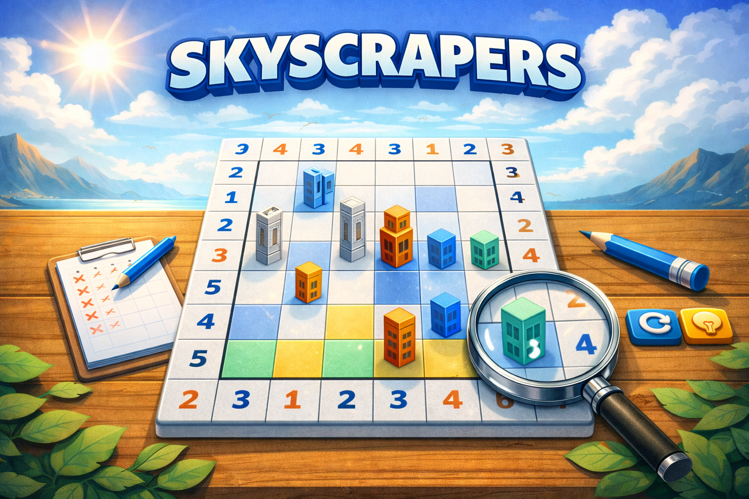 Skyscrapers logic puzzle — fill the grid with building heights using visibility clues around the border